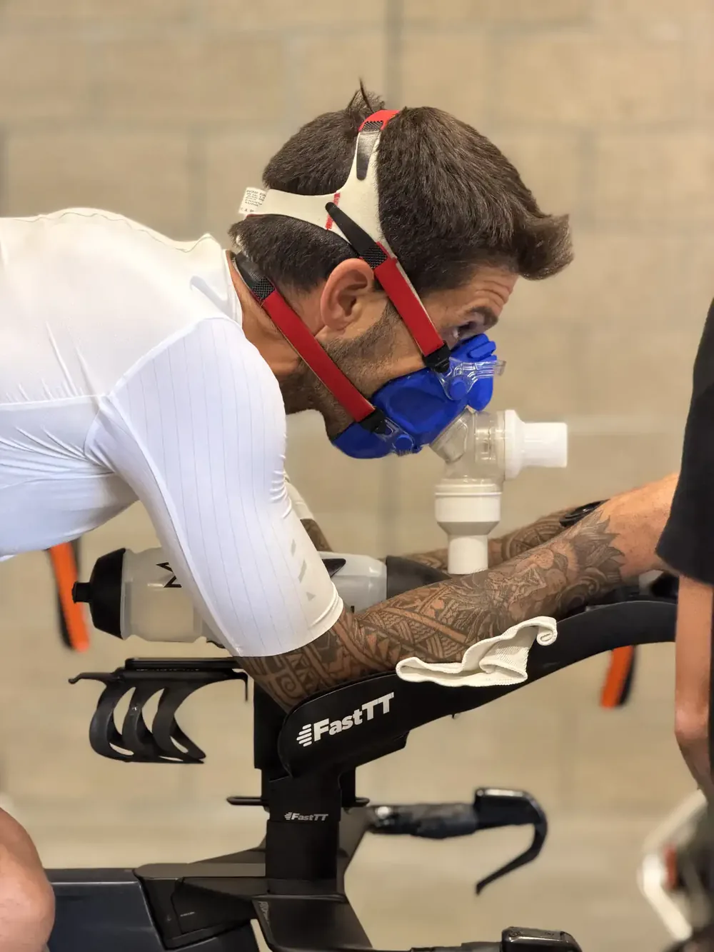 Close-up of a metabolic mask during a VO2 max lab test